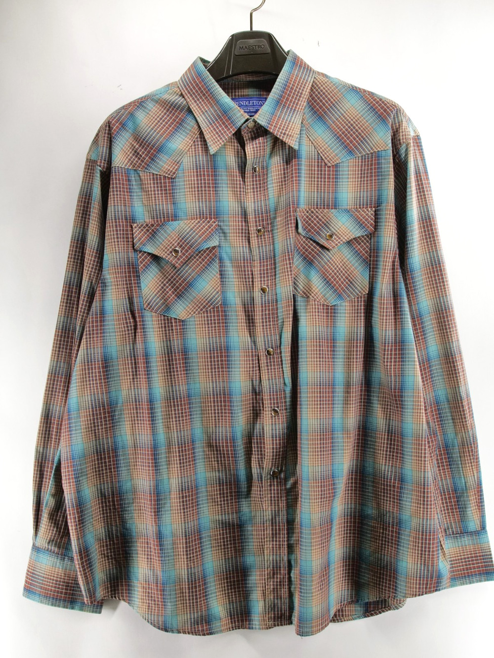 Pendleton Shirt Mens 2XL Button Up Brown Blue Western Plaid Pearl Snap Long Work
